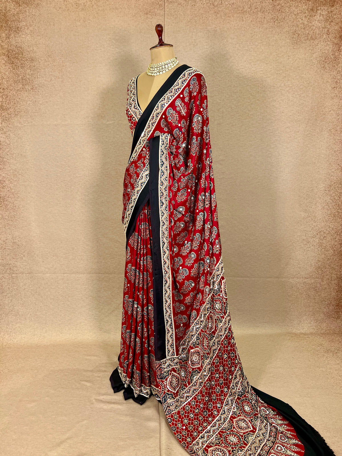 PASSION BLOOM - Pure Modal Ajrakh Hand Embroidered Saree