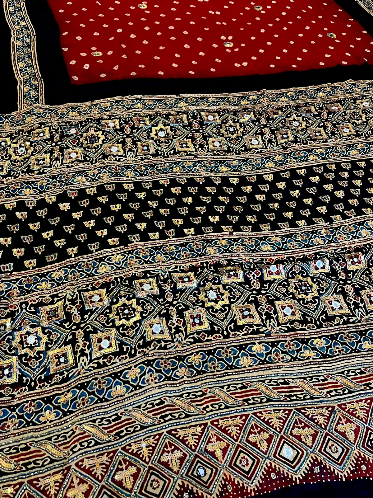 RED GRANDEUR - Pure Modal Bandhani Ajrakh Hand Embroidered Saree