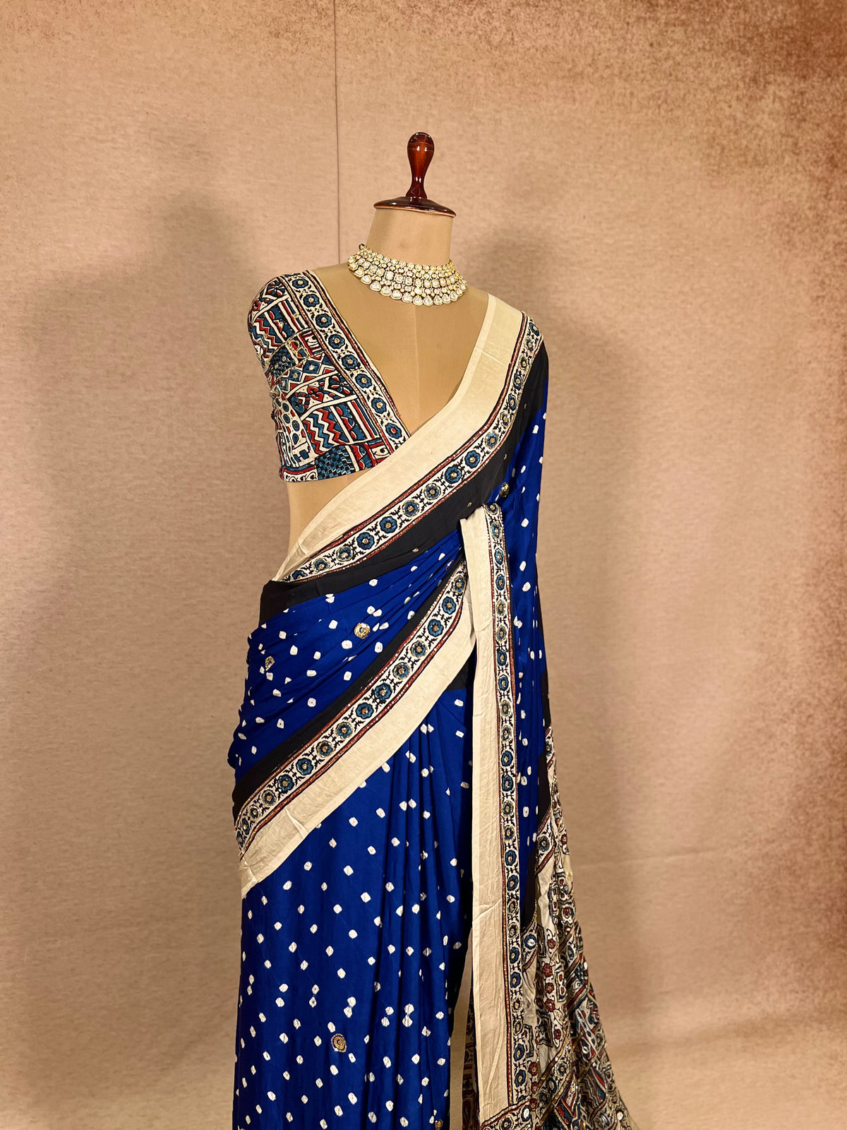 BLUE GRANDUER - Pure Modal Bandhani Ajrakh Hand Embroidered Saree