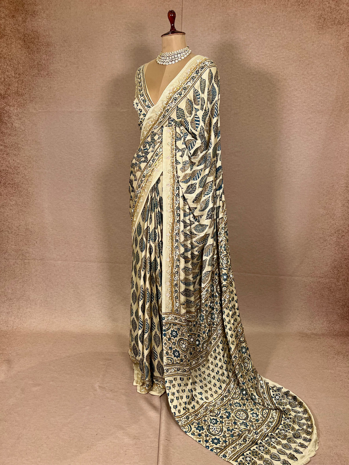IVORY DREAMSCAPE - Pure Modal Ajrakh Hand Embroidered Saree