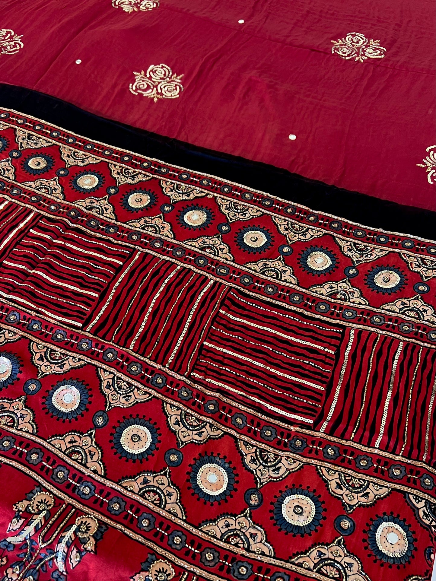 FLAME ROSE - Pure Modal Ajrakh Hand Embroidered Saree