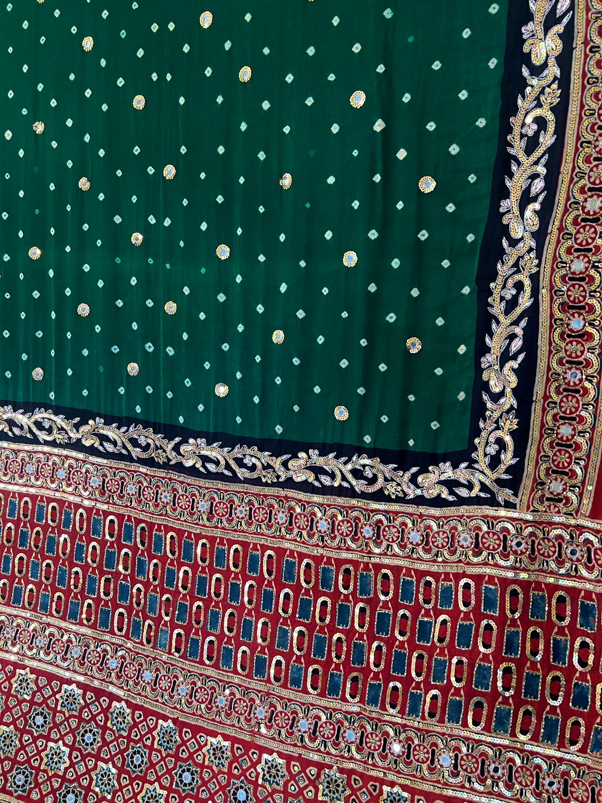 GREEN OPULENCE - Pure Modal Bandhani Ajrakh Hand Embroidered Saree