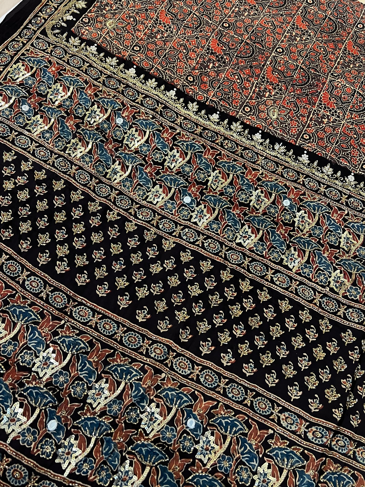 BURNT COFFEE - Pure Modal Ajrakh Hand Embroidered Saree