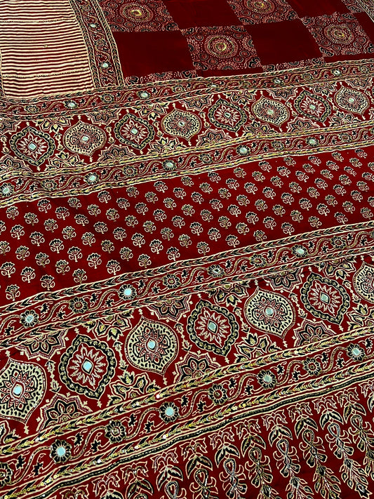 SCARLET DREAMS - Pure Modal Ajrakh Hand Embroidered Saree