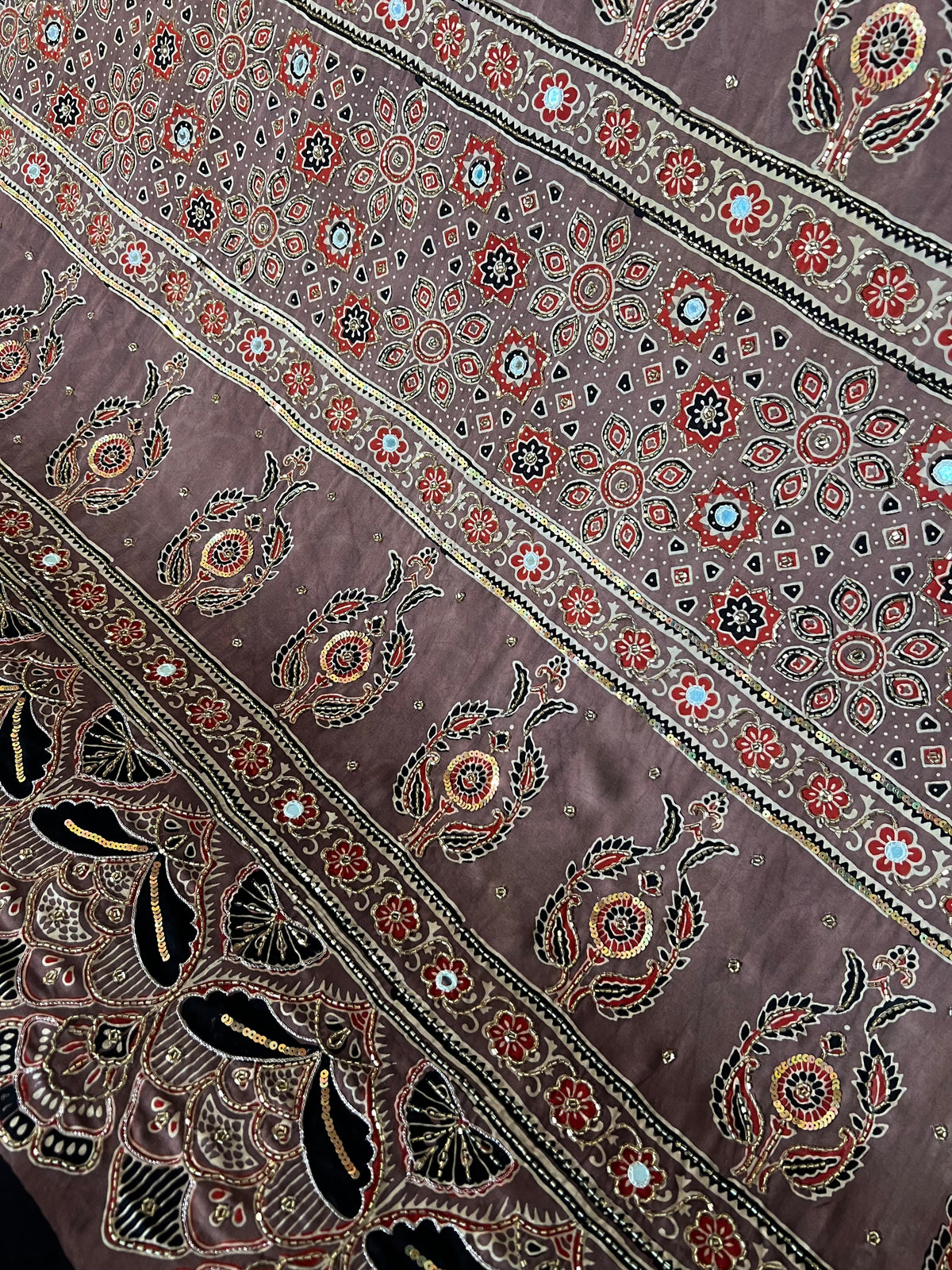CHESTNUT DREAM - Pure Modal Ajrakh Hand Embroidered Saree