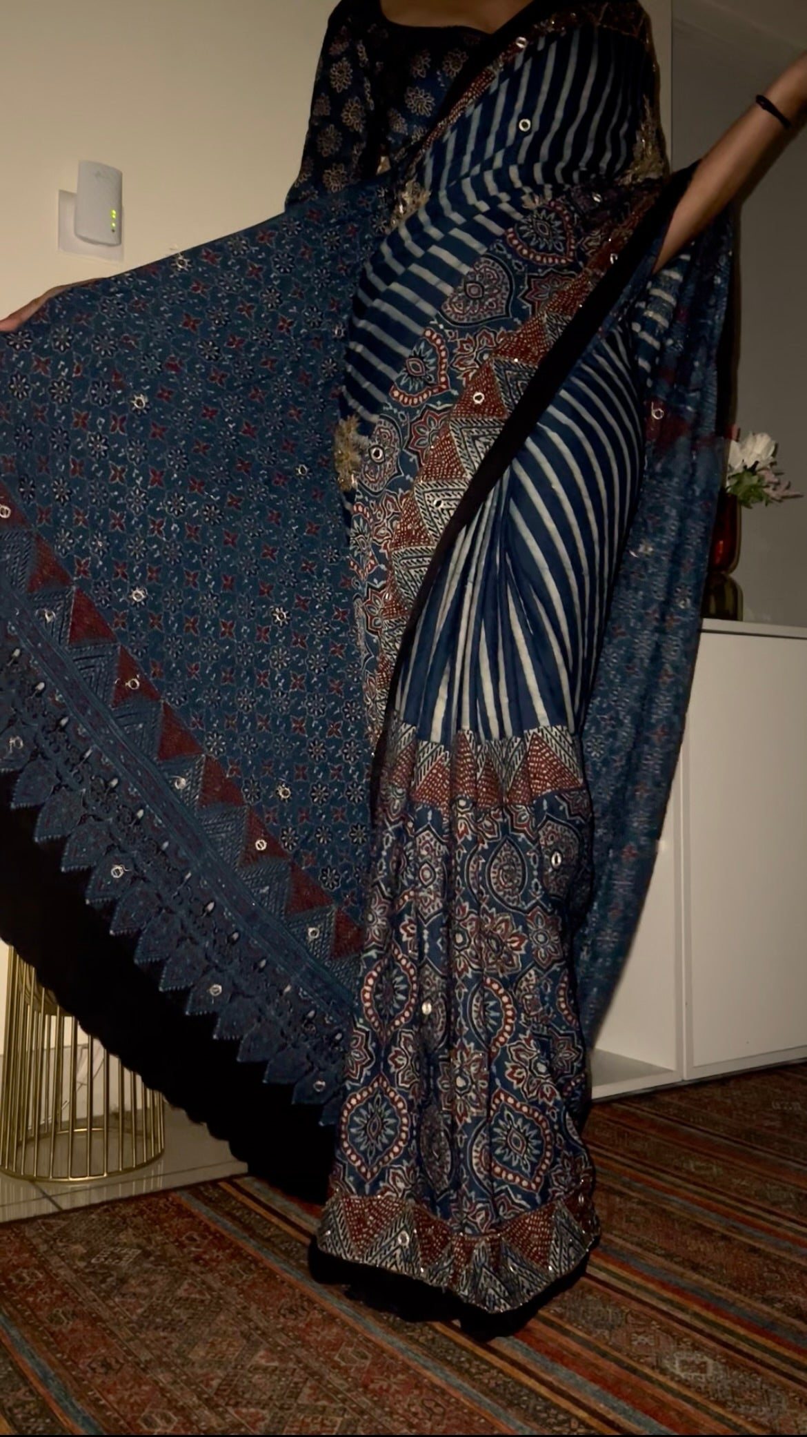 INDIGO STARDUST - Pure Modal Ajrakh Hand Embroidered Saree