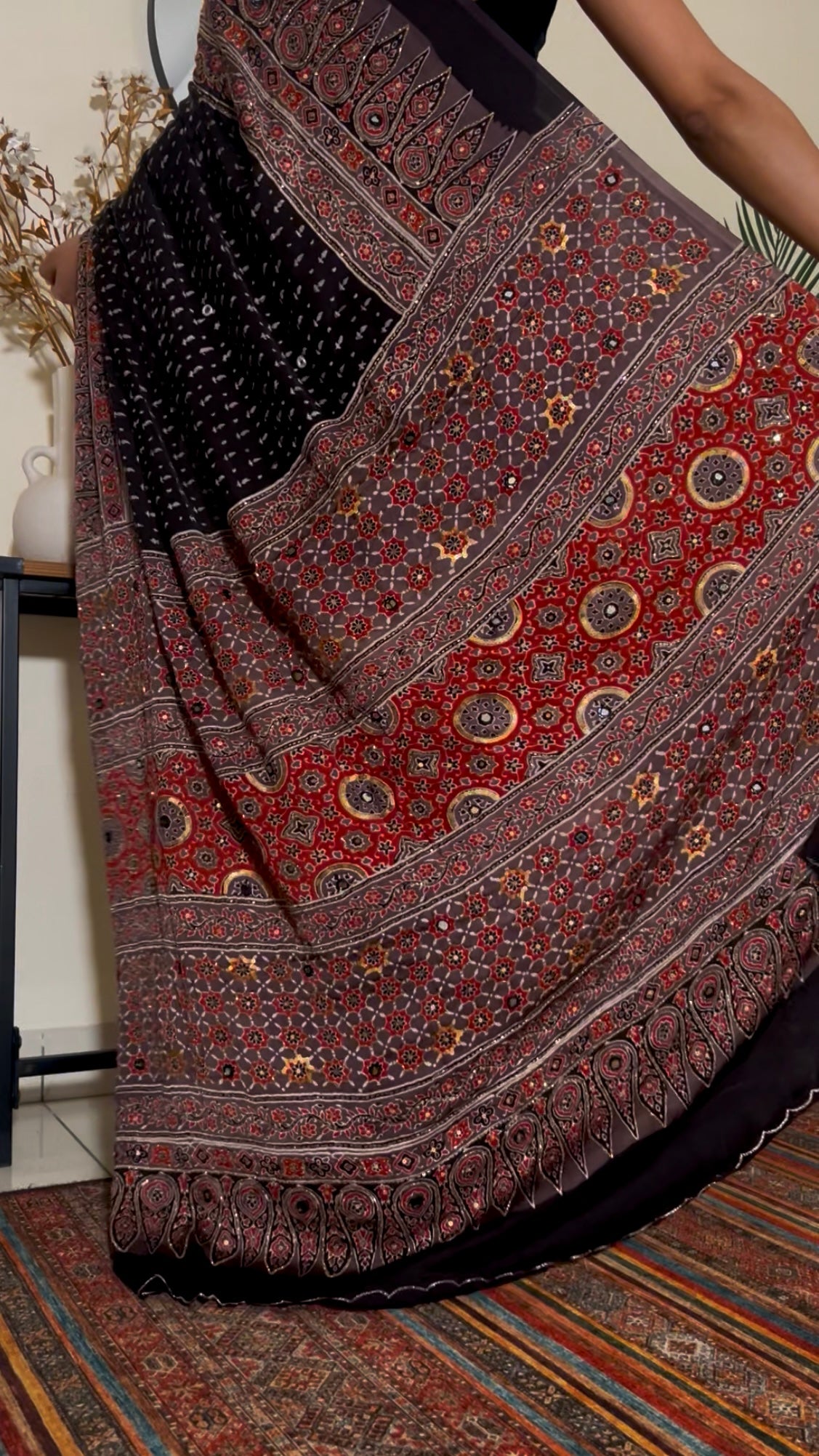 VELVET TRUFFLE - Pure Modal Ajrakh Hand Embroidered Saree