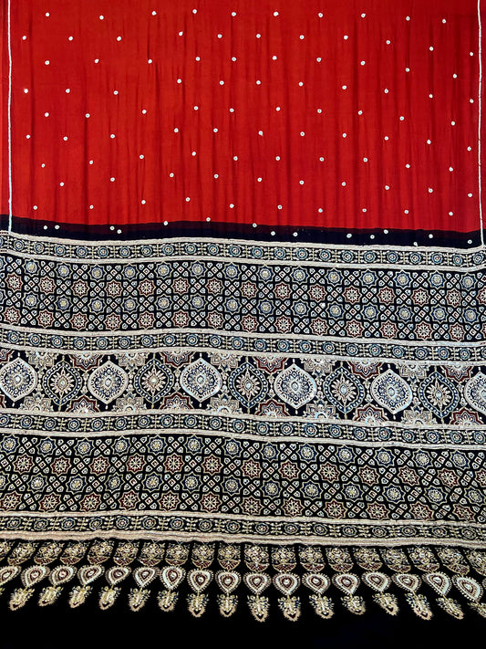 RUBY STARDUST - Pure Modal Ajrakh Hand Embroidered Saree