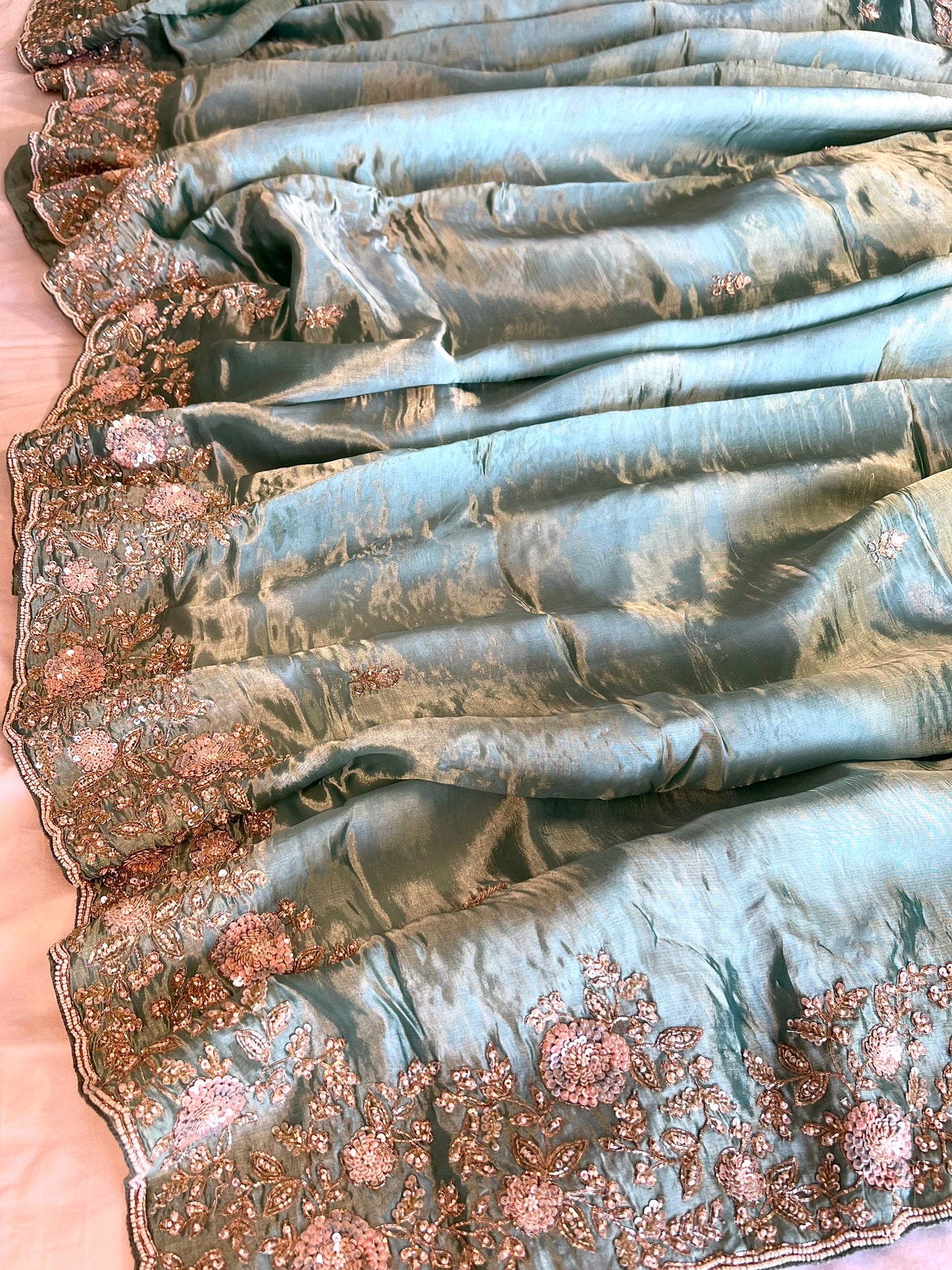 ZUBAIDAA - Pure Chinnon Satin Zardosi Pitta Hand Embroidered Saree