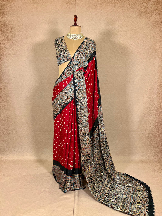RED SPLENDOUR - Pure Modal Bandhani Ajrakh Hand Embroidered Saree