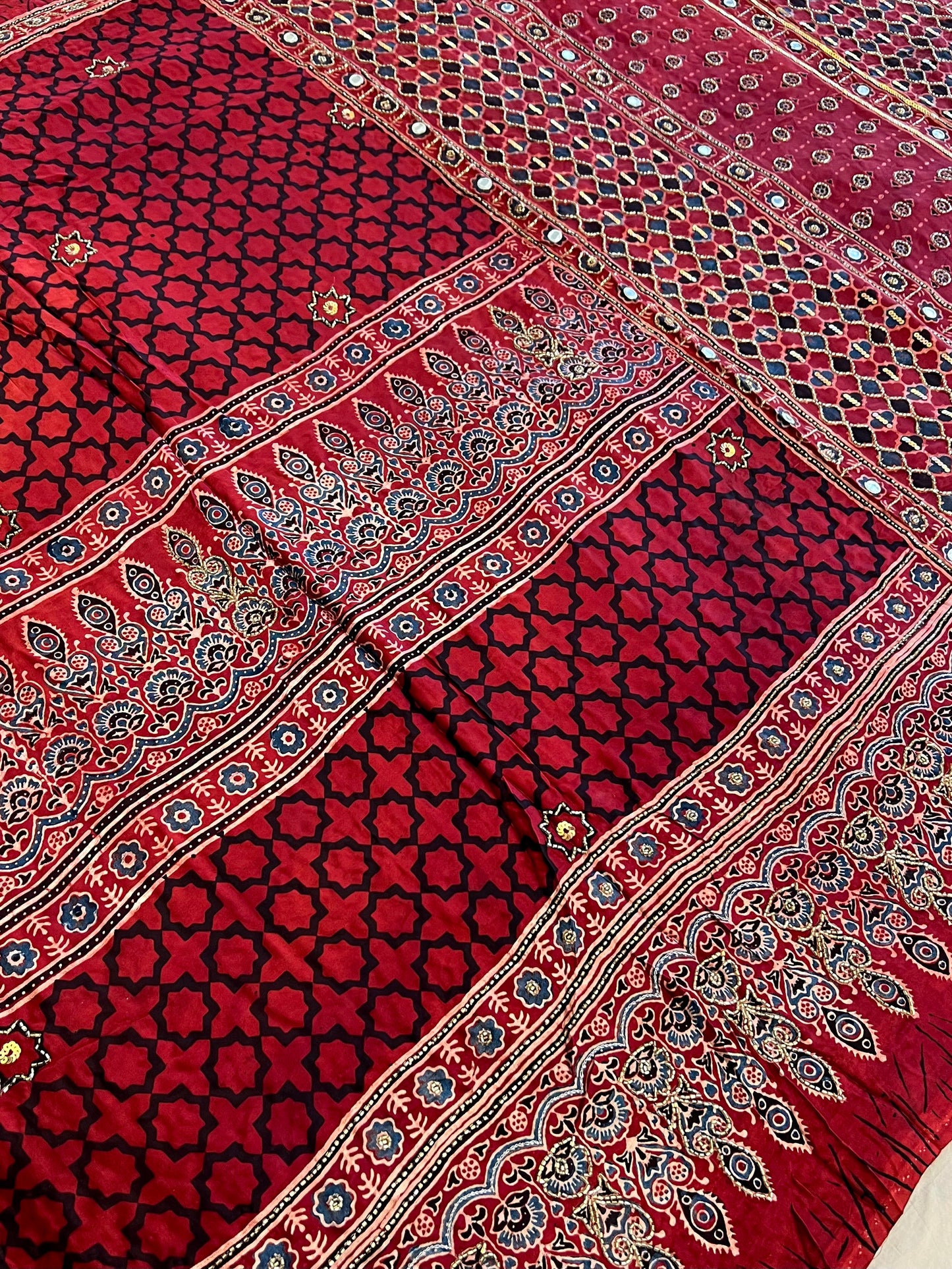 CHERRY BLOOM - Pure Modal Ajrakh Hand Embroidered Saree