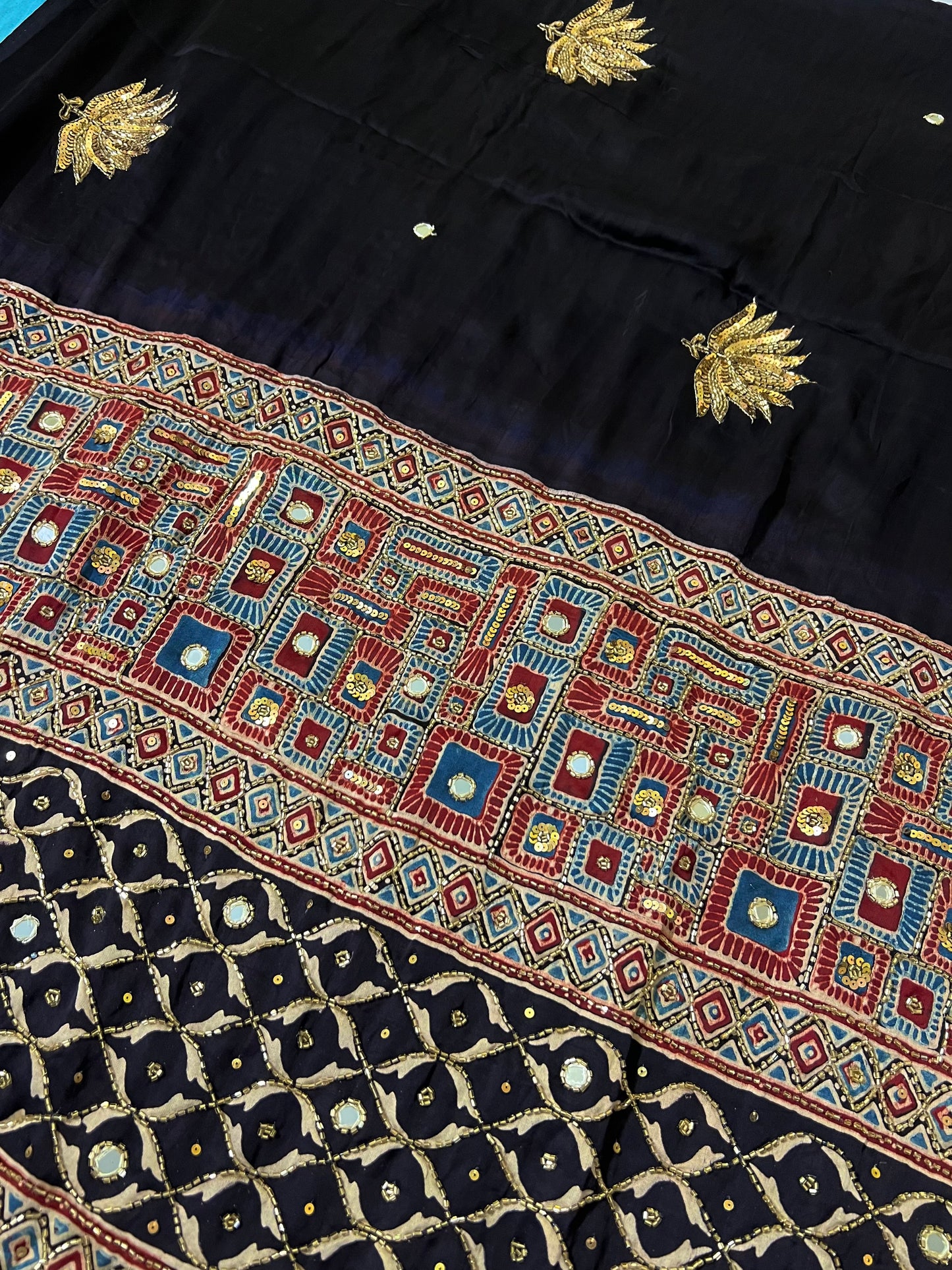 COSMIC LOTUS - Pure Modal Ajrakh Hand Embroidered Saree