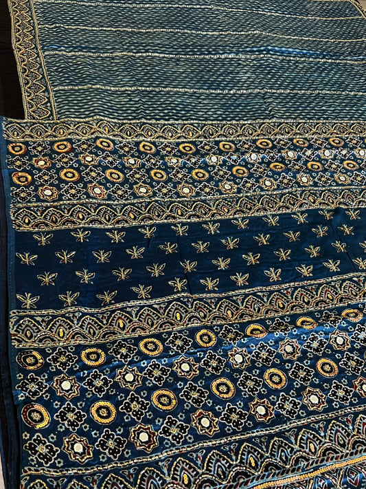 SAPPHIRE HAZE - Pure Modal Ajrakh Hand Embroidered Saree