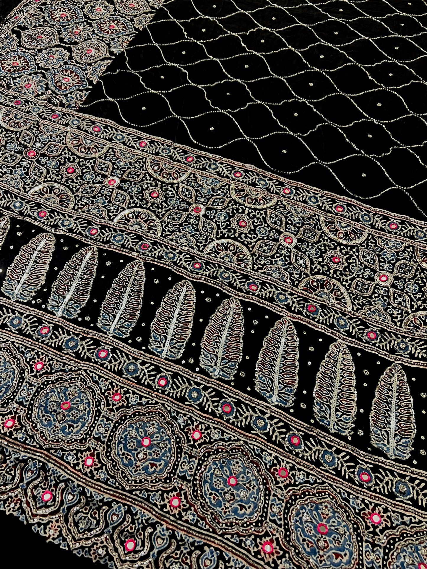 MIDNIGHT GALAXY - Pure Modal Ajrakh Hand Embroidered Saree