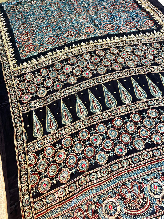 Blue Reverie - Pure Modal Ajrakh Hand Embroidered Saree