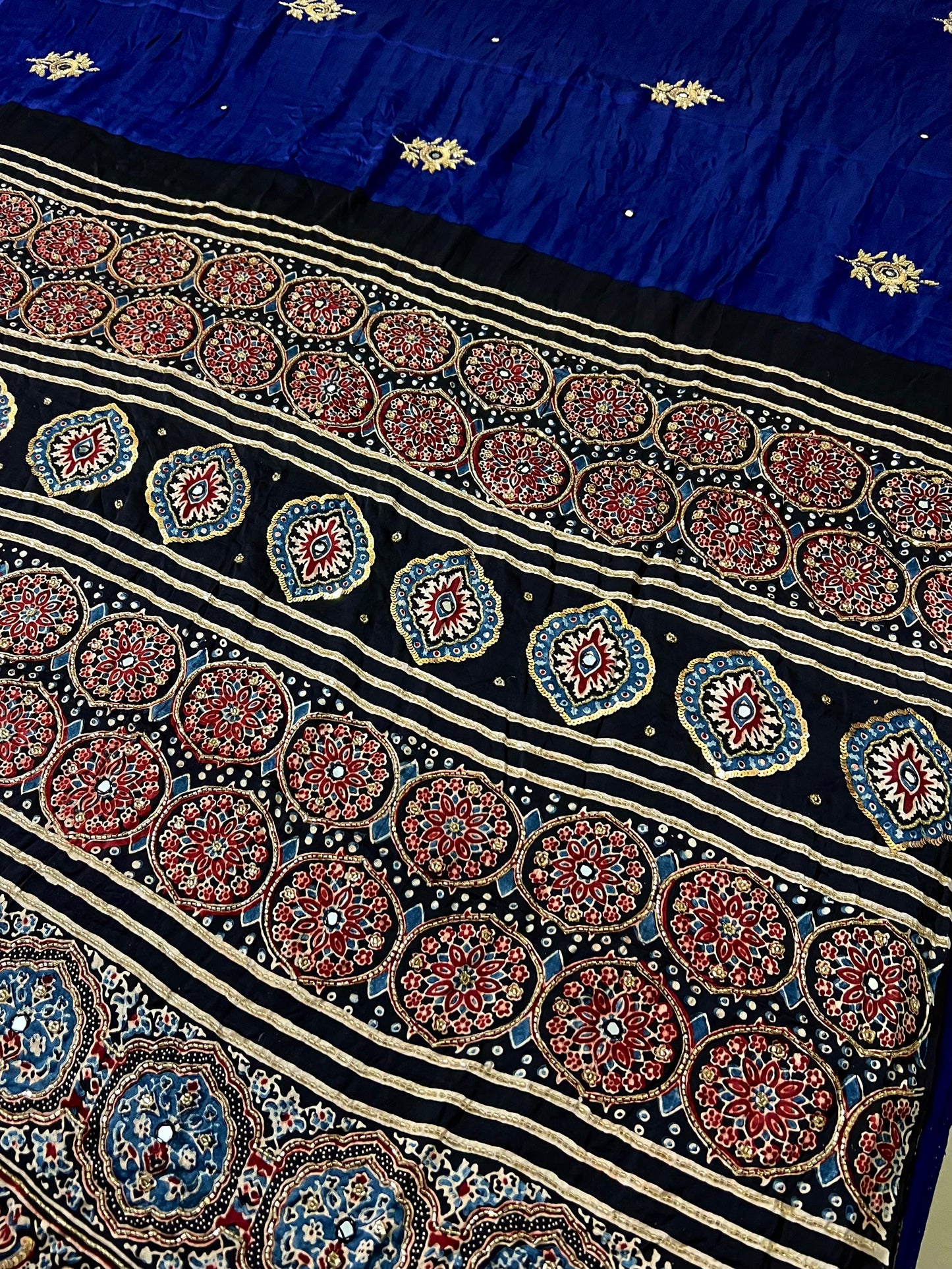 SAPPHIRE ROSE - Pure Modal Ajrakh Hand Embroidered Saree