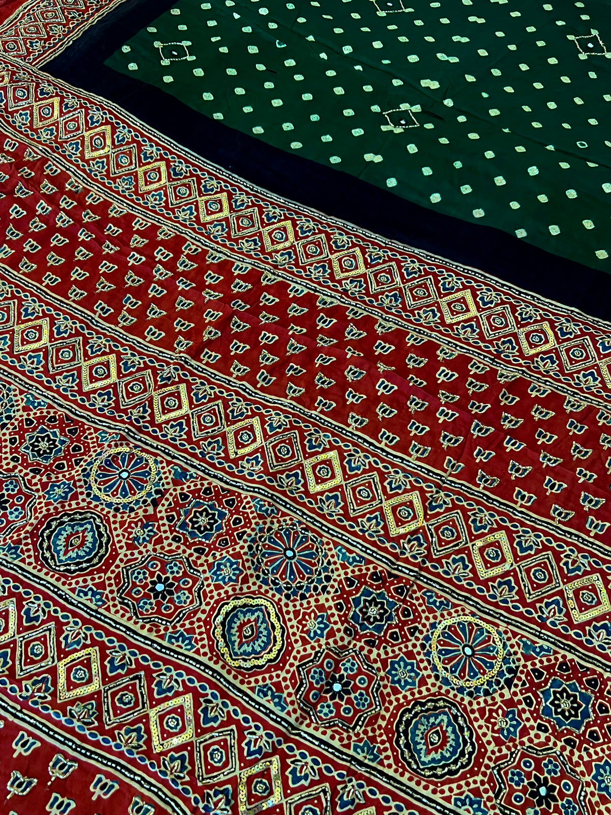 GREEN REGALIA - Pure Modal Bandhani Ajrakh Hand Embroidered Saree