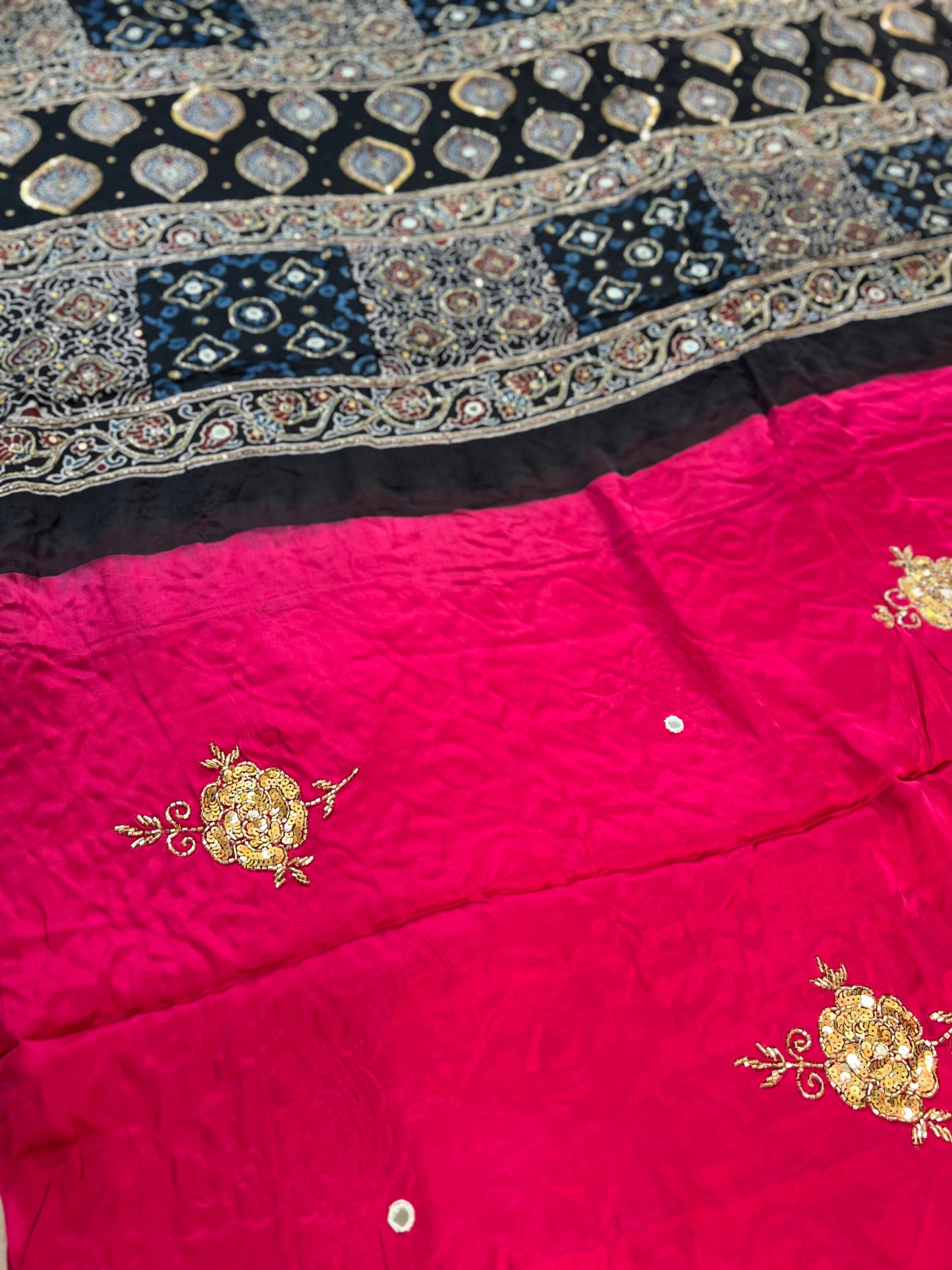 FLAMINGO ROSE - Pure Modal Ajrakh Hand Embroidered Saree