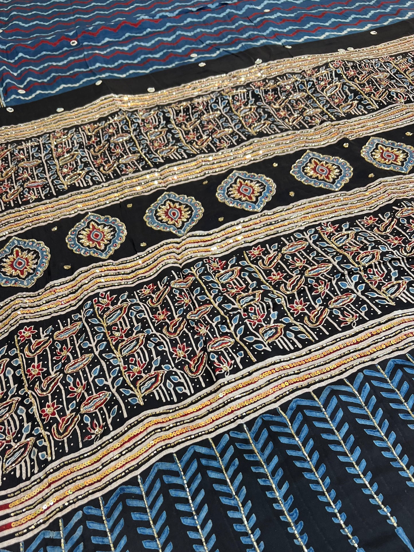 BLUE MIRAGE - Pure Modal Ajrakh Hand Embroidered Saree
