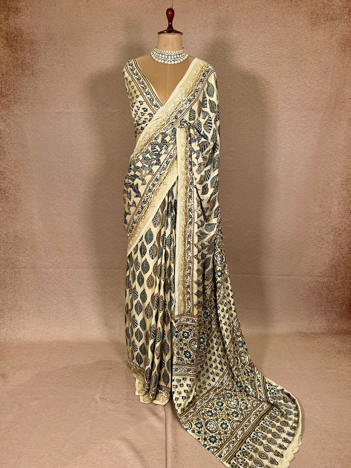 IVORY DREAMSCAPE - Pure Modal Ajrakh Hand Embroidered Saree