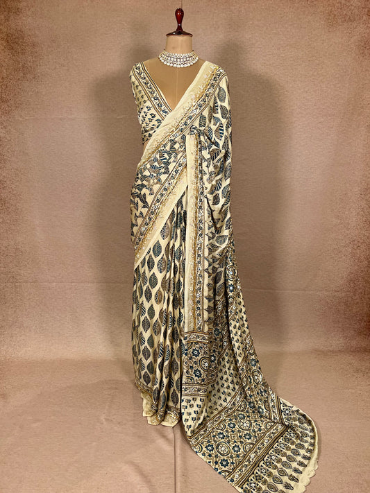IVORY DREAMSCAPE - Pure Modal Ajrakh Hand Embroidered Saree