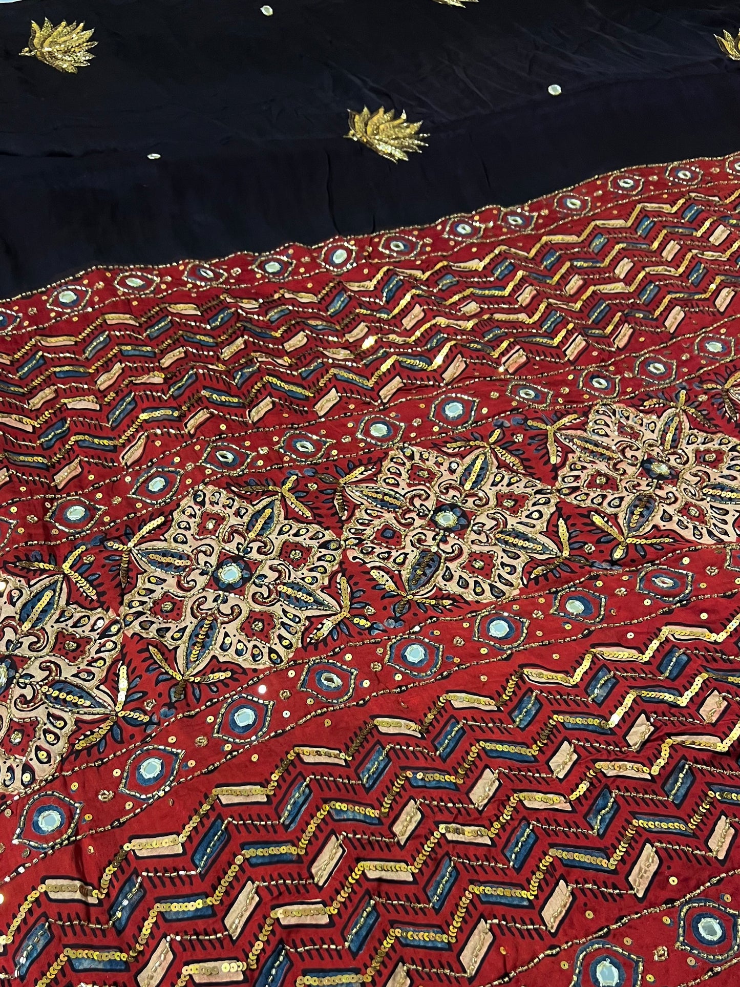 IMPERIAL LOTUS - Pure Modal Ajrakh Hand Embroidered Saree