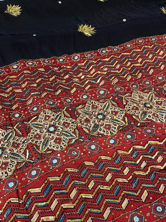 IMPERIAL LOTUS - Pure Modal Ajrakh Hand Embroidered Saree