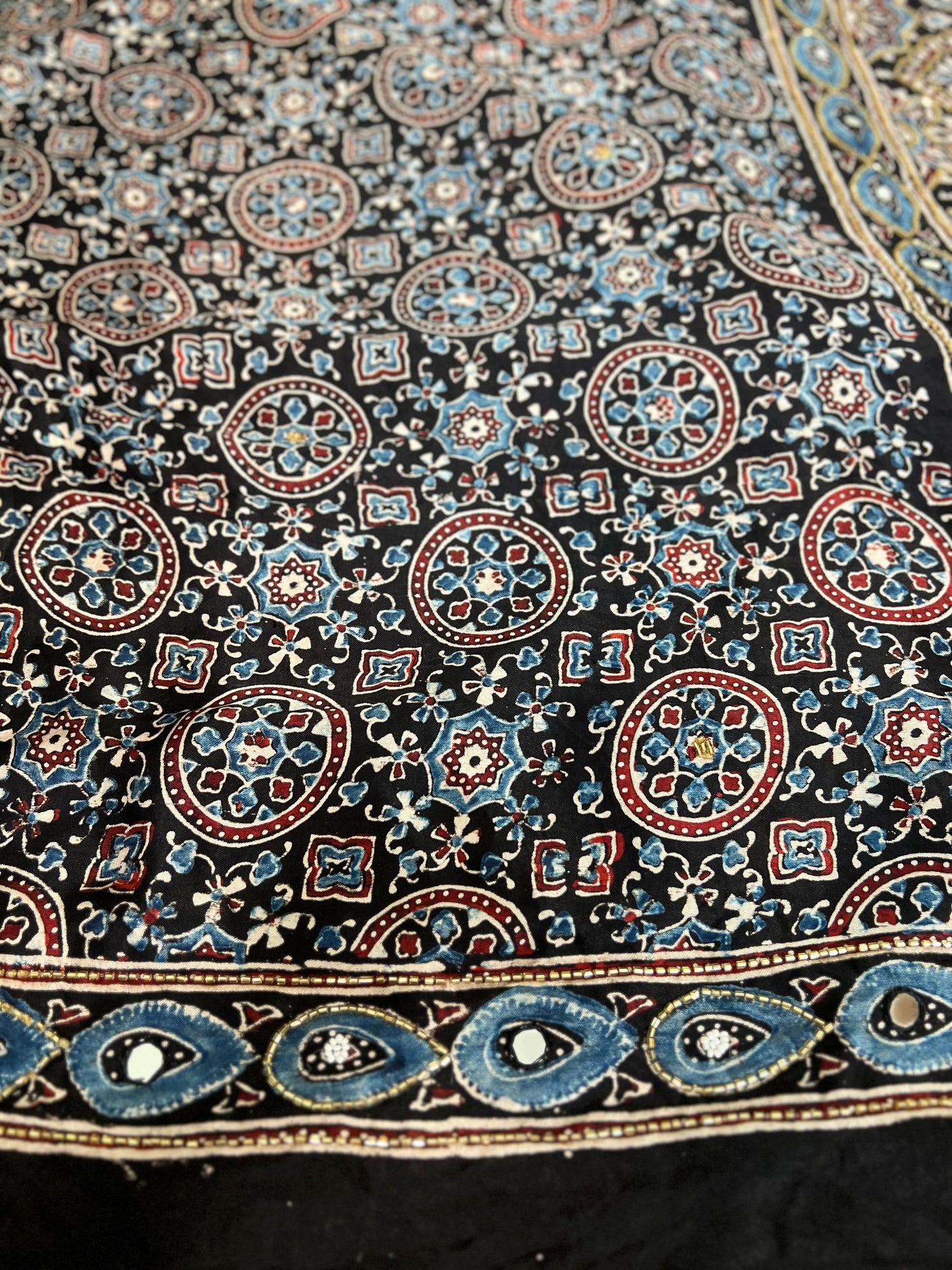 Black and Blue Pure Modal Ajrakh Hand Embroidered Saree