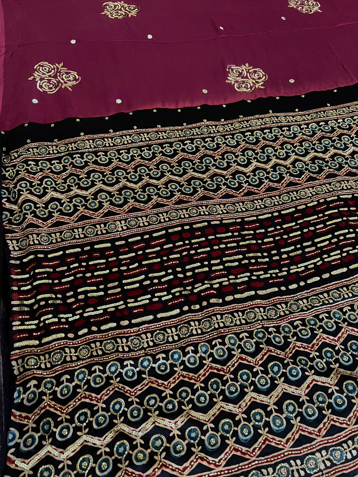 DUSTY PLUM ROSE - Pure Modal Ajrakh Hand Embroidered Saree