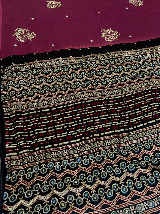 DUSTY PLUM ROSE - Pure Modal Ajrakh Hand Embroidered Saree