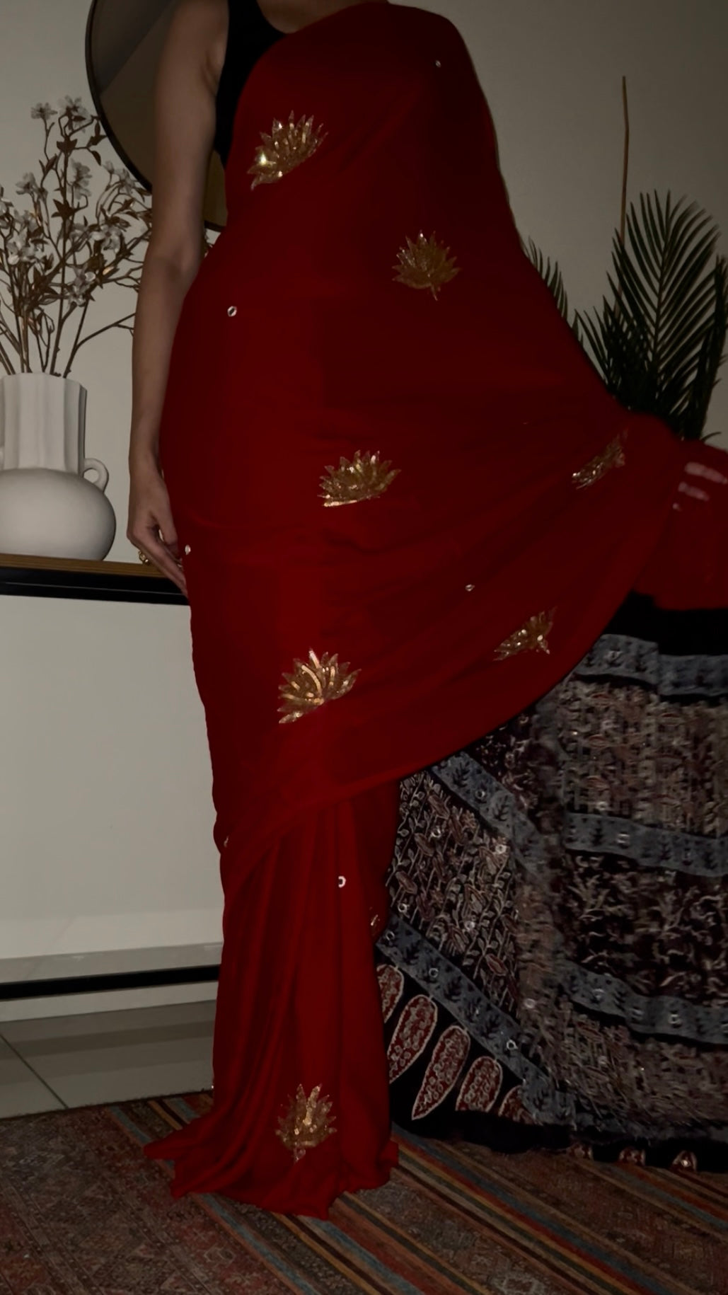 VERMILLION LOTUS - Pure Modal Ajrakh Hand Embroidered Saree