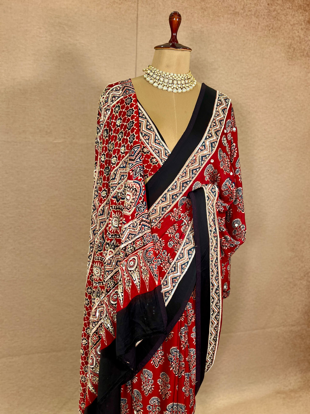 PASSION BLOOM - Pure Modal Ajrakh Hand Embroidered Saree