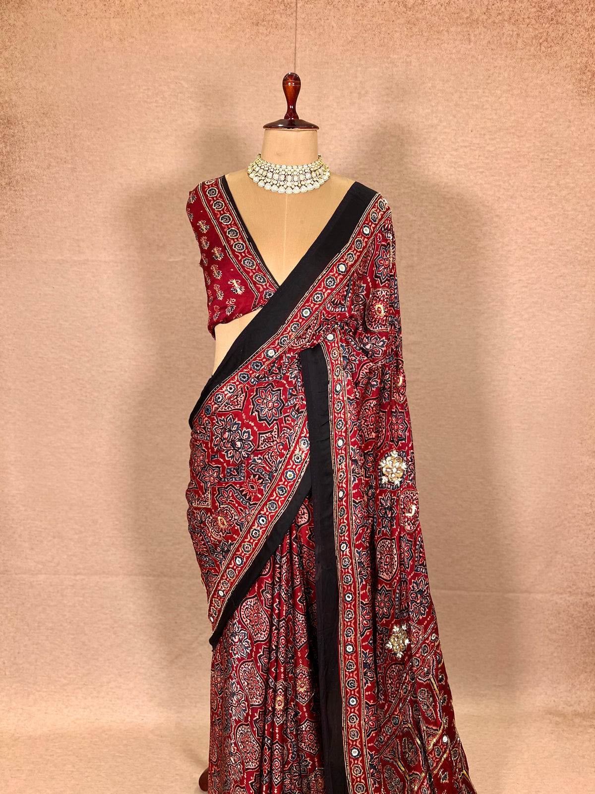 CARMINE MUSE - Pure Modal Ajrakh Hand Embroidered Saree
