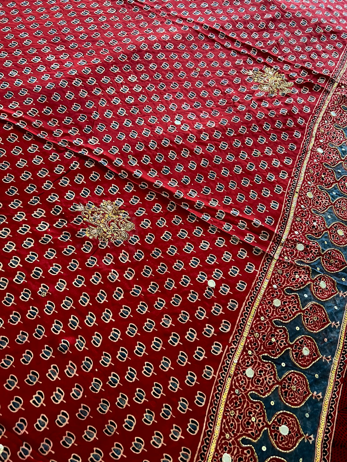 SECRET GARDEN - Pure Modal Ajrakh Hand Embroidered Saree
