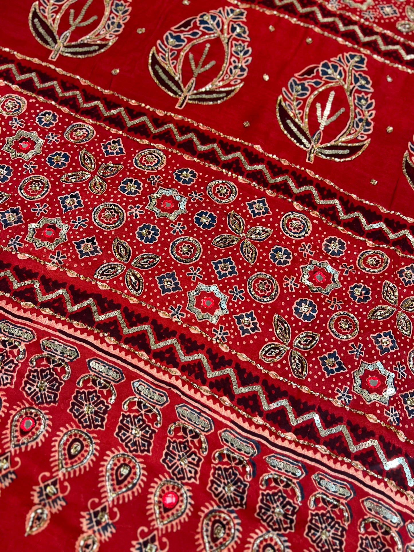 CRIMSON ECLIPSE - Pure Modal Ajrakh Hand Embroidered Saree