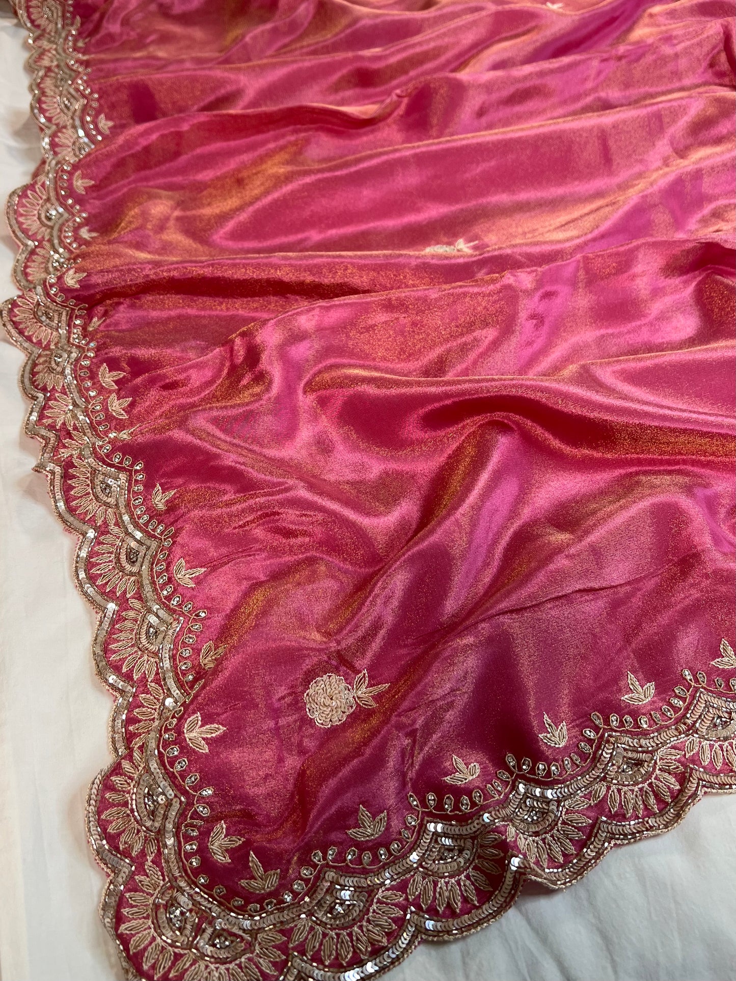 Pink Zardosi Embroidered Tissue Designer Saree with Unstitched Blouse