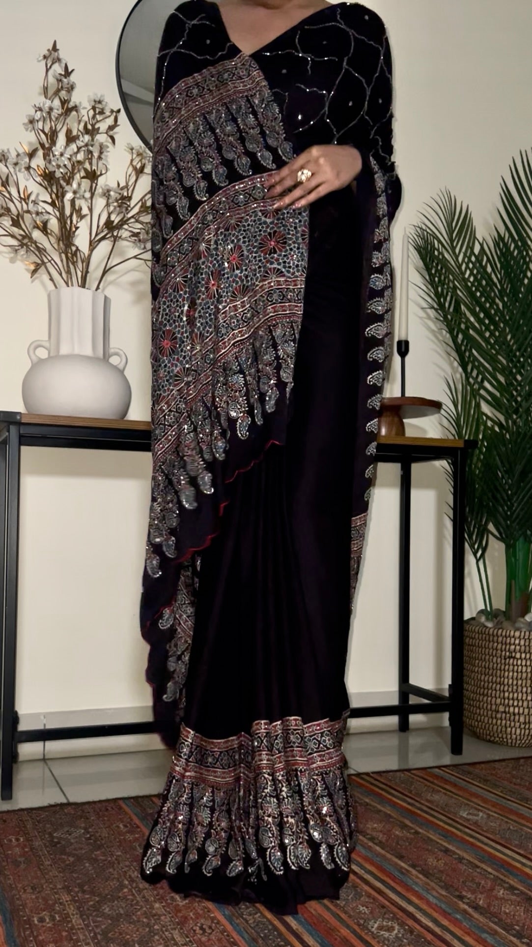 MIDNIGHT IVY - Pure Modal Ajrakh Hand Embroidered Saree