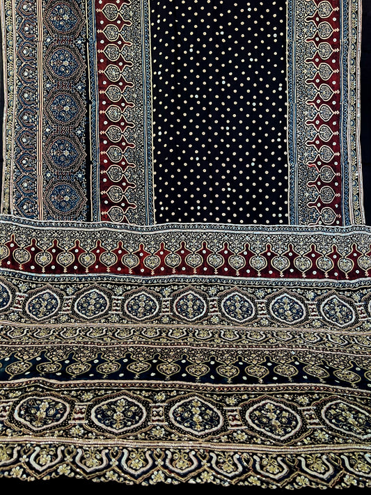 SPARKLE DREAMS - Pure Modal Ajrakh Hand Embroidered Saree