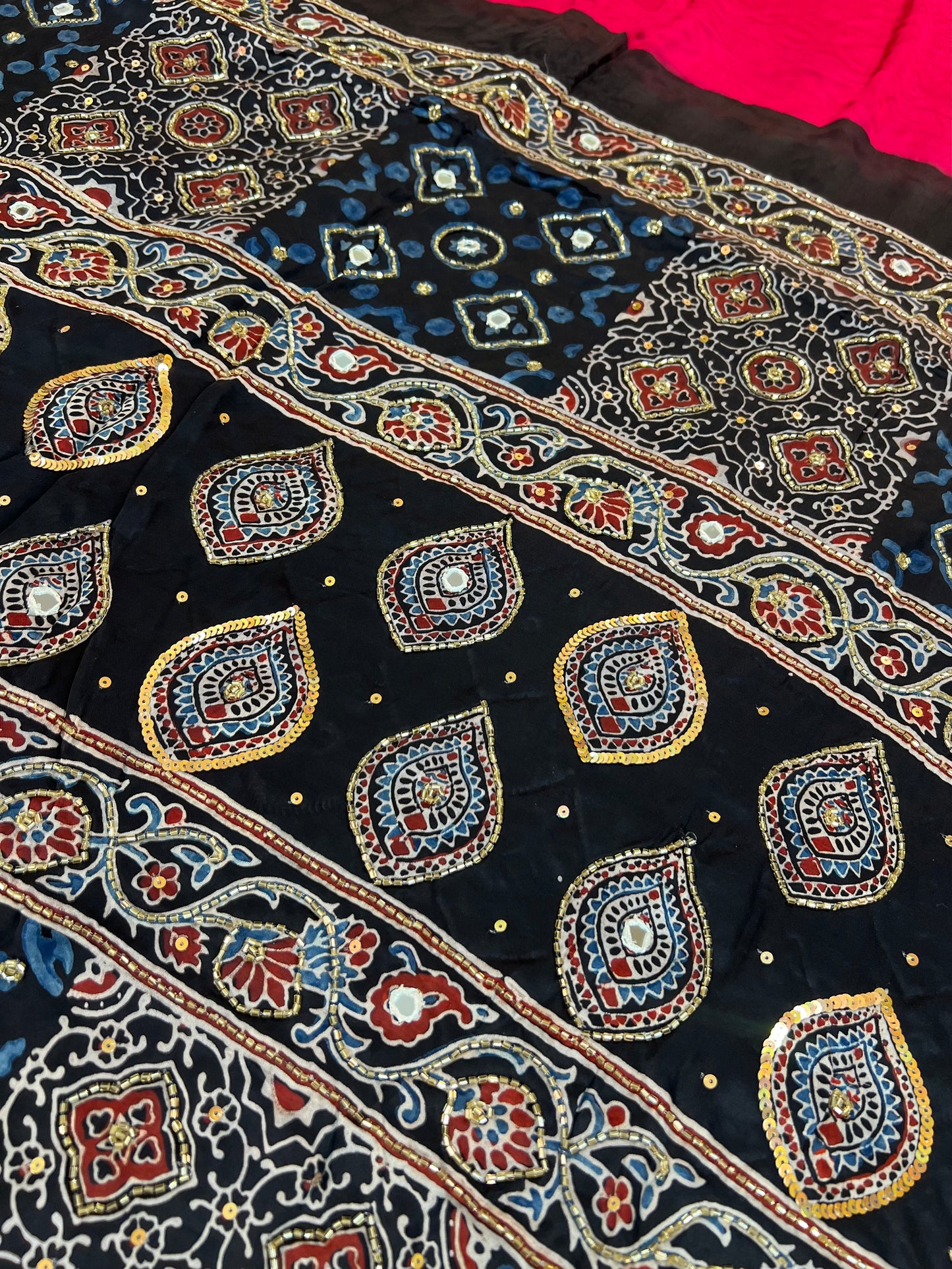 FLAMINGO ROSE - Pure Modal Ajrakh Hand Embroidered Saree