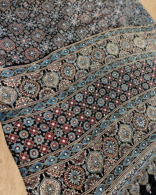 Black and Blue Pure Modal Ajrakh Hand Embroidered Saree