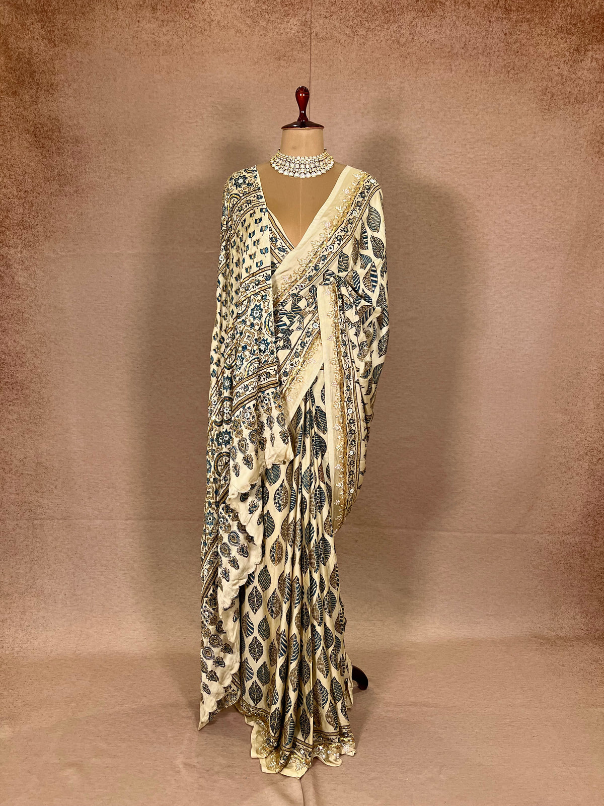IVORY DREAMSCAPE - Pure Modal Ajrakh Hand Embroidered Saree