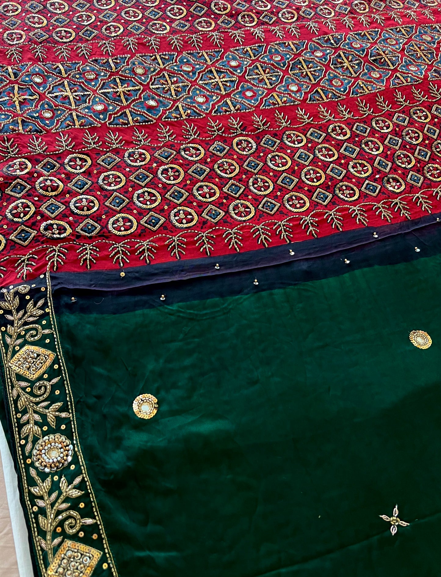 GREEN DESIRE - Pure Modal Ajrakh Hand Embroidered Saree