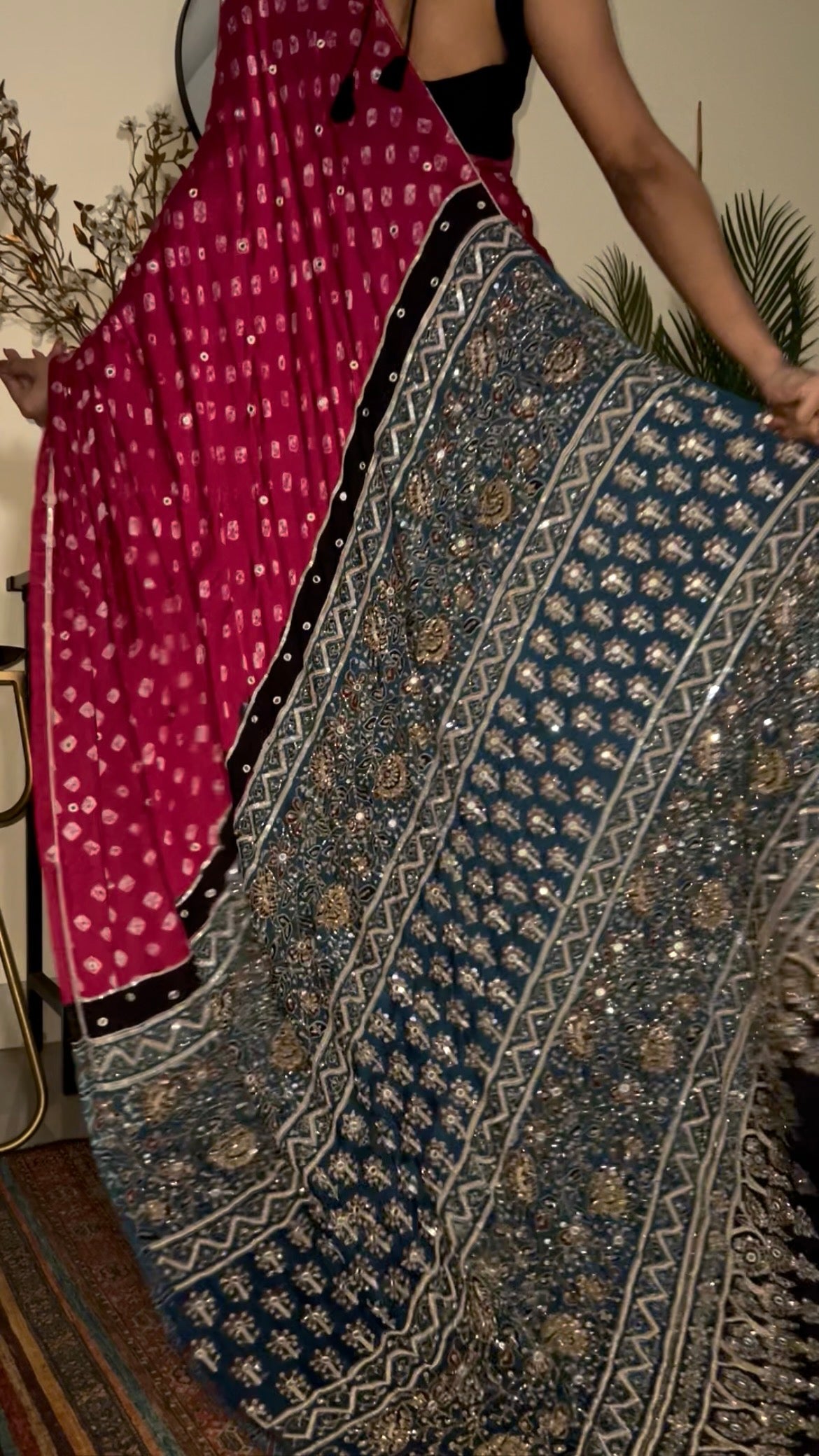 PINK ROYALE BANDHANI - Pure Modal Bandhani Ajrakh Hand Embroidered Saree