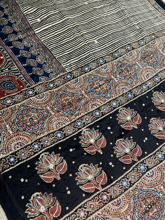Striped Modal Ajrakh Hand Embroidered Saree With Large Border