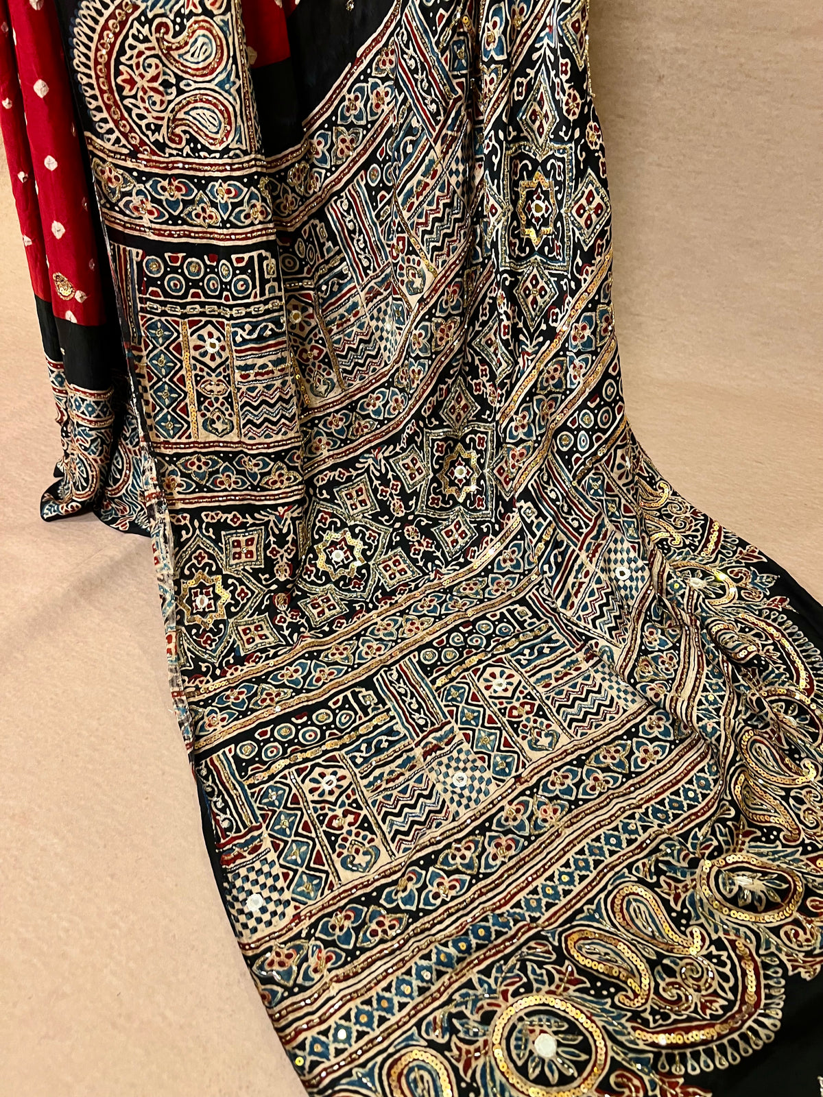 RED SPLENDOUR - Pure Modal Bandhani Ajrakh Hand Embroidered Saree