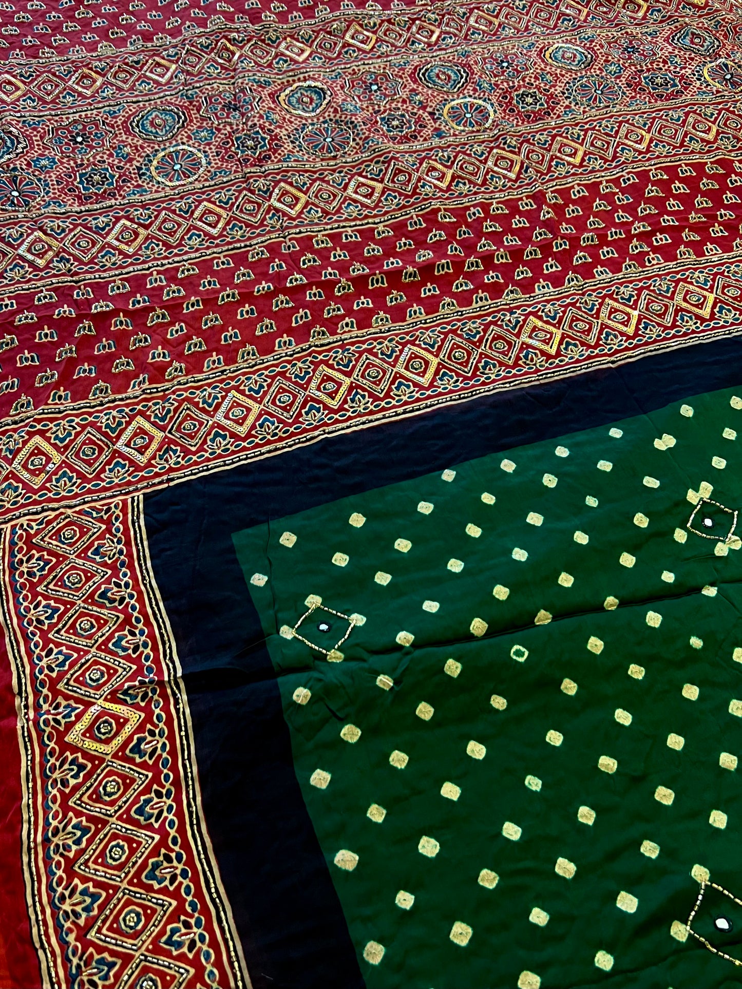 GREEN REGALIA - Pure Modal Bandhani Ajrakh Hand Embroidered Saree