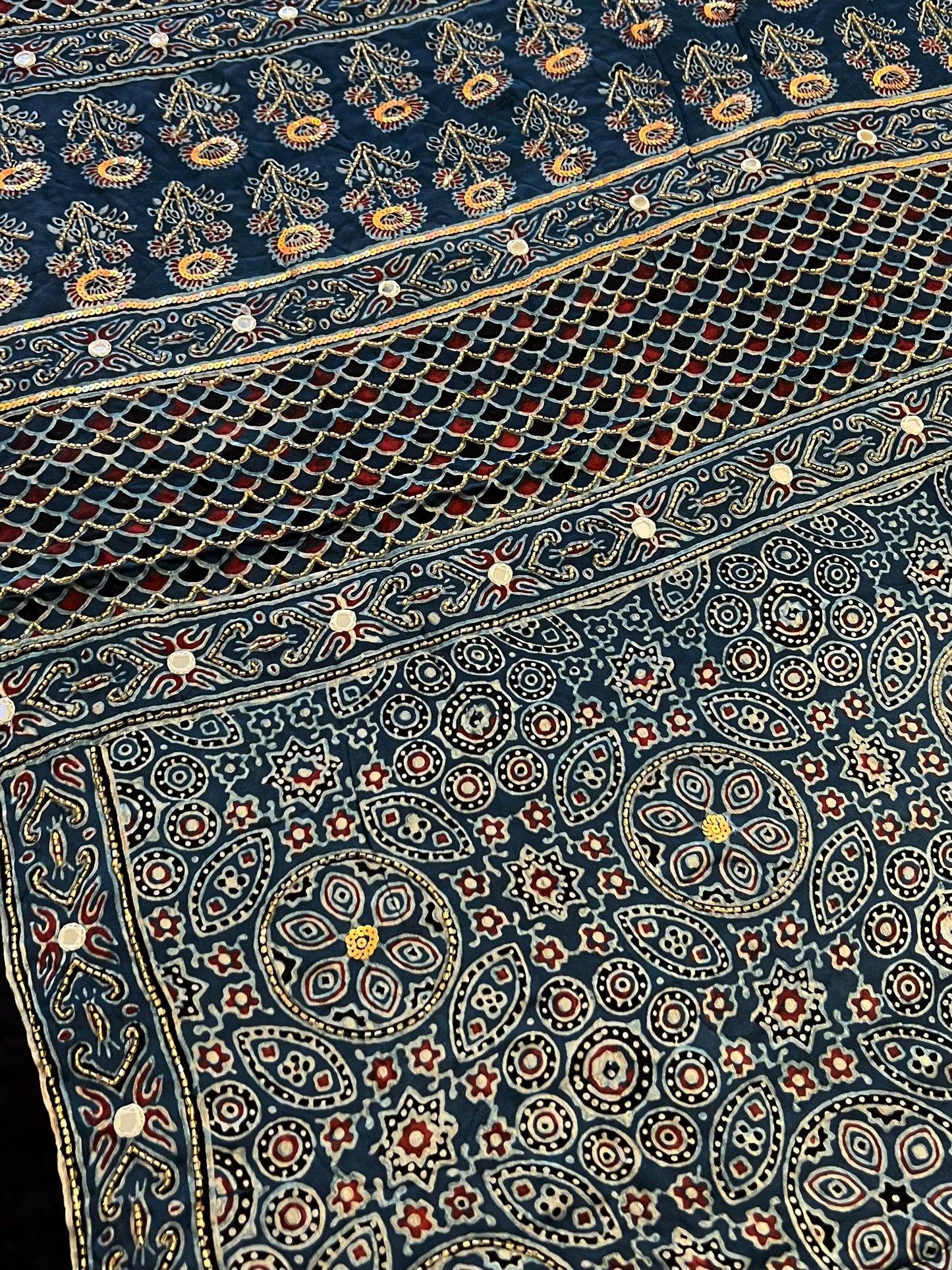 RIVER MIST - Pure Modal Ajrakh Hand Embroidered Saree