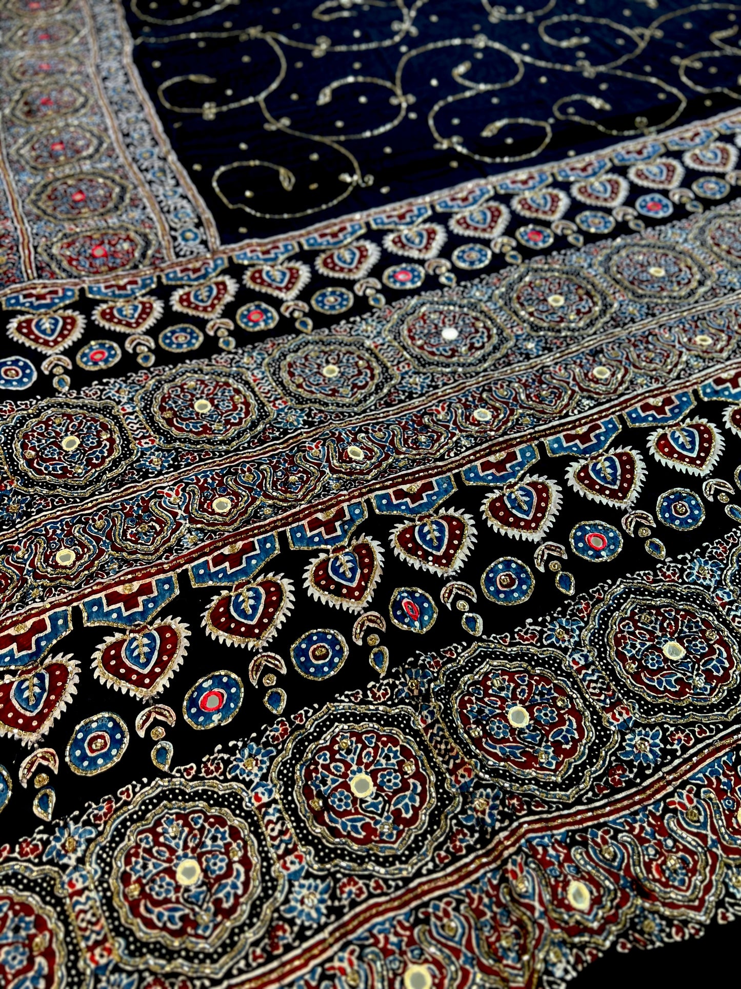 MIDNIGHT SHIMMER - Pure Modal Ajrakh Hand Embroidered Saree