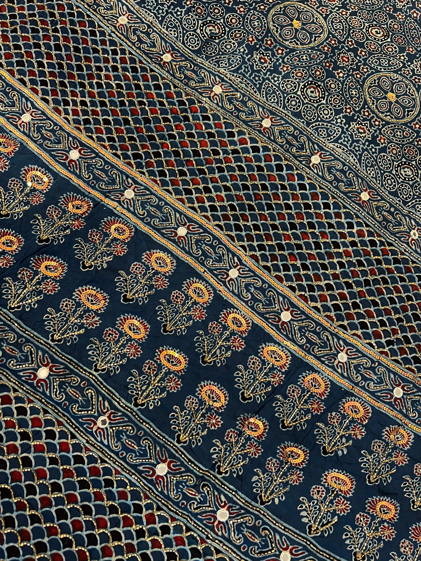 RIVER MIST - Pure Modal Ajrakh Hand Embroidered Saree