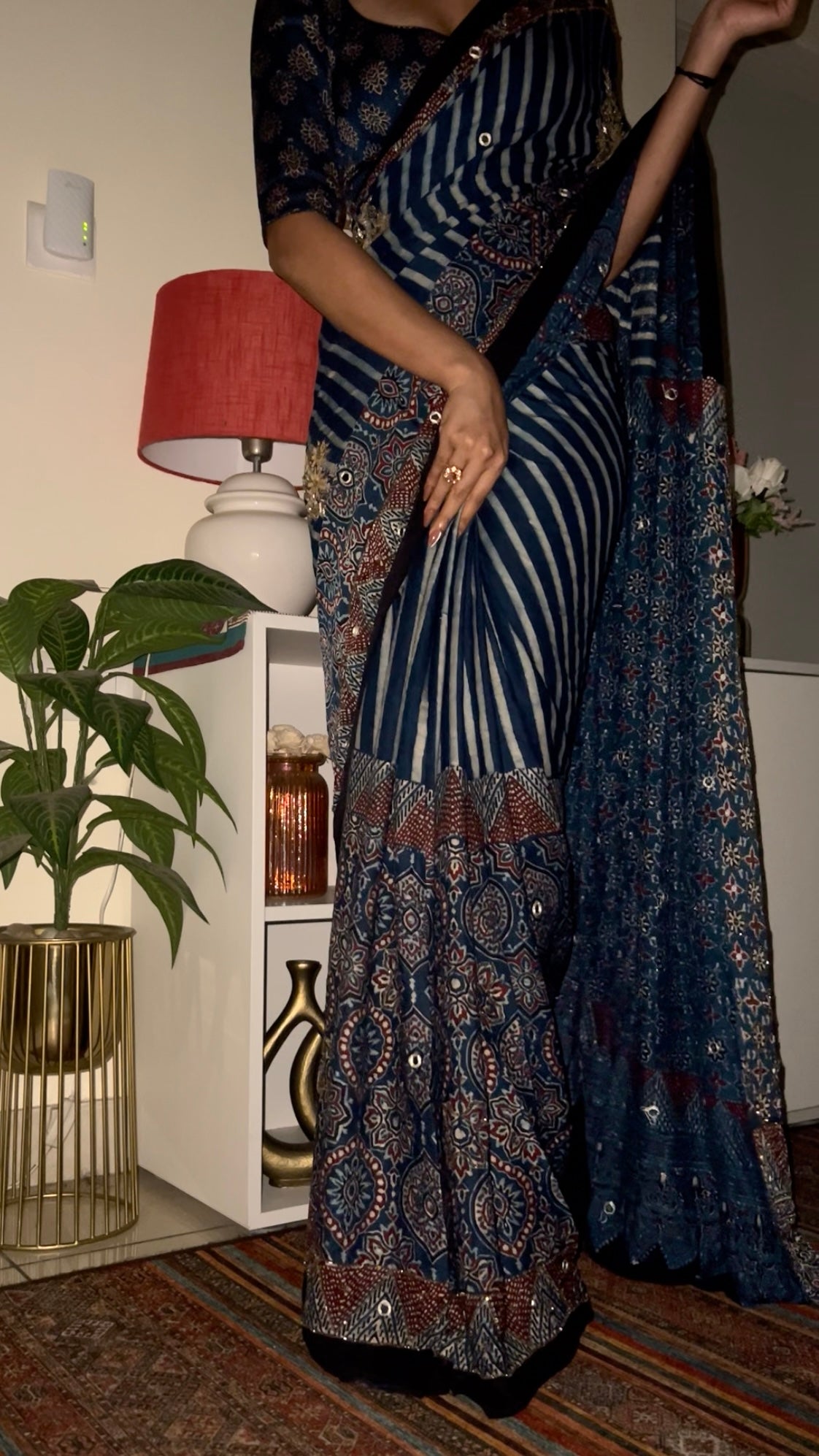 INDIGO STARDUST - Pure Modal Ajrakh Hand Embroidered Saree